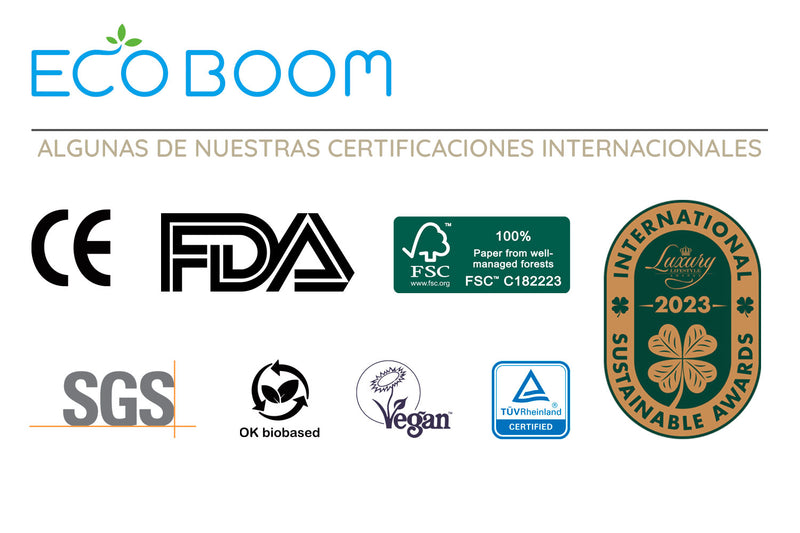 Certificaciones de Eco Boom: CE, FDA, FSC, SGS, Vegan, Dermatest