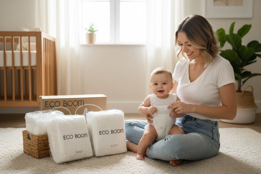 Madre con su bebé junto a las cajas mensuales de pañales Eco Boom